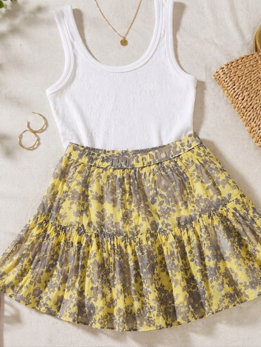 Y2K Old Navy Floral Skirt Small Yellow Gray Flowy Boho A-Line Summer - Picture 3 of 8